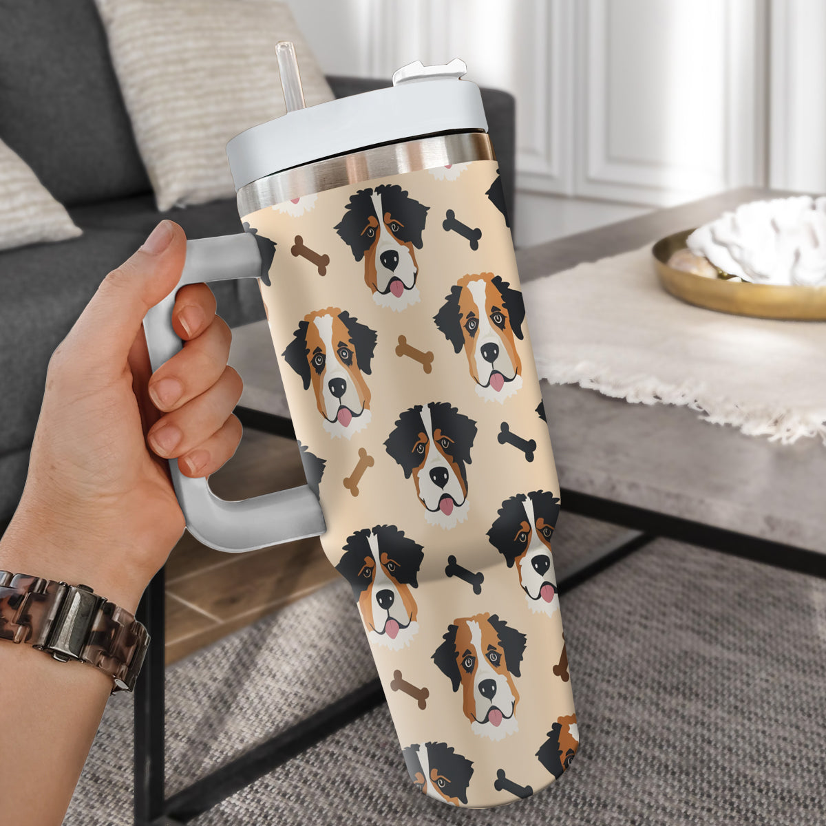 Cute St. Bernard Tumbler 40oz With Handle, St. Bernard Pattern 40oz Tumbler, Dog Paw Photo Tumbler with Straw, Dog Lover Tumbler, Stainless Steel Tumbler, Insulated Tumbler