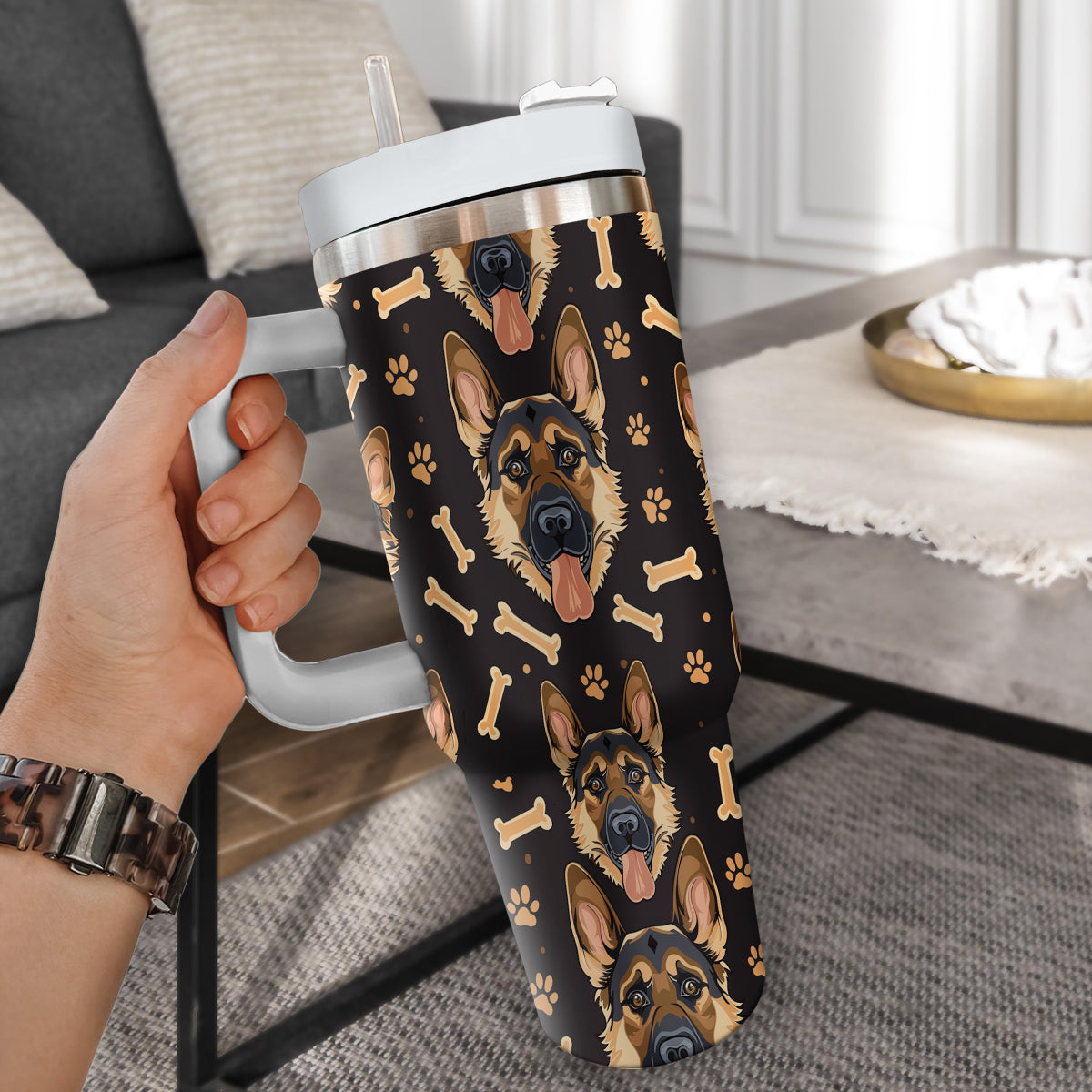 Cute German Shepherd Tumbler 40oz With Handle, German Shepherd Pattern 40oz Tumbler, Dog Paw Photo Tumbler with Straw, Dog Lover Tumbler, Stainless Steel Tumbler, Insulated Tumbler