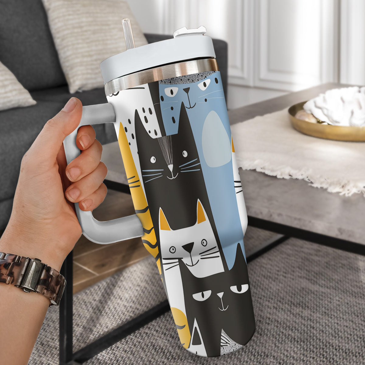 Cute Cat Tumbler 40oz With Handle, Cat Pattern 40oz Tumbler, Cat Lover Tumbler 40oz, Stainless Steel Tumbler, Insulated Tumbler 30