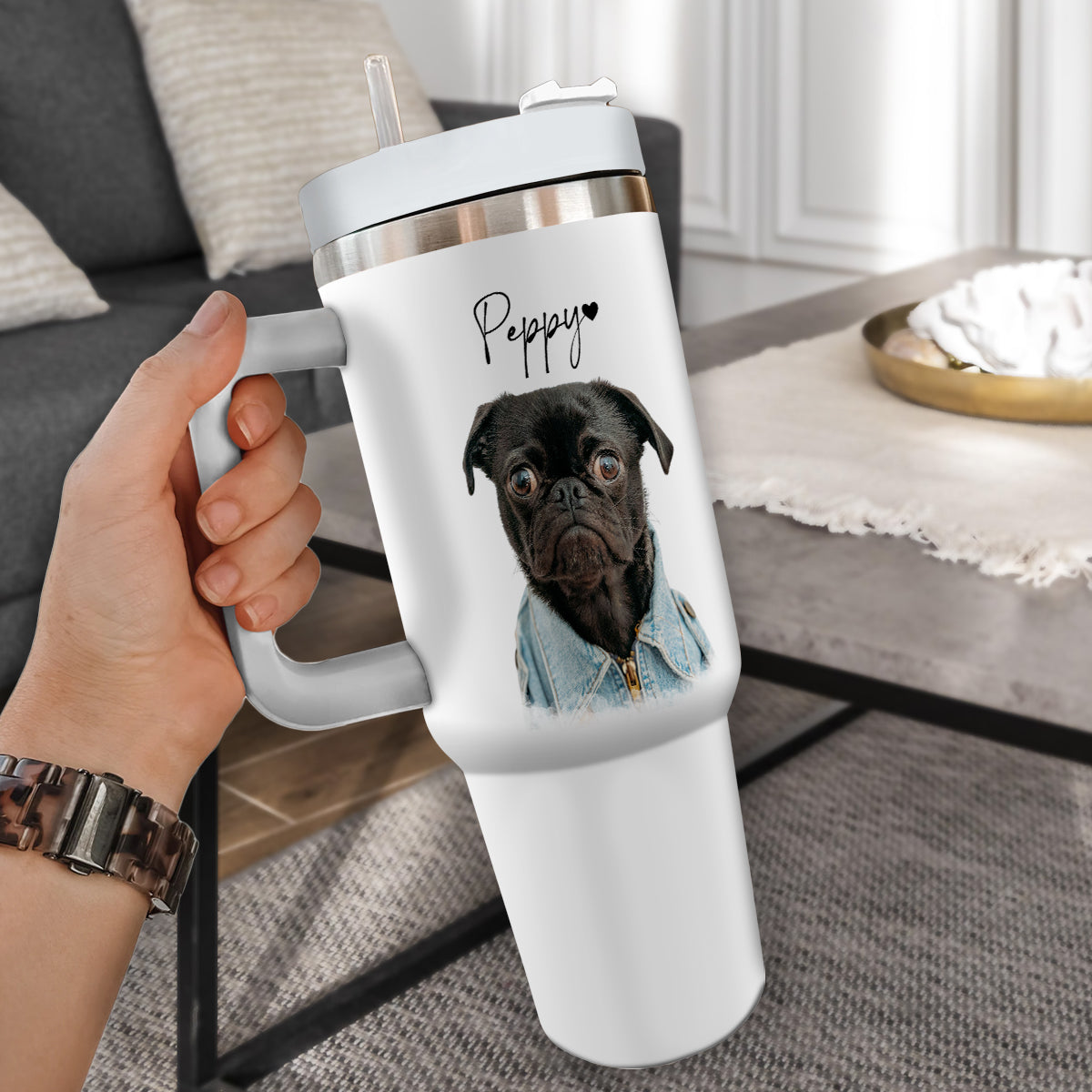 Custom Pet Photo Tumbler 40oz With Handle, Dog Photo Tumbler, Puppies Tumbler with Straw, Dog Lover Tumbler, Favorite Pet Tumbler, Stainless Steel Tumbler, Insulated Tumbler, Pet Photo Gift with Custom Pet Image 03