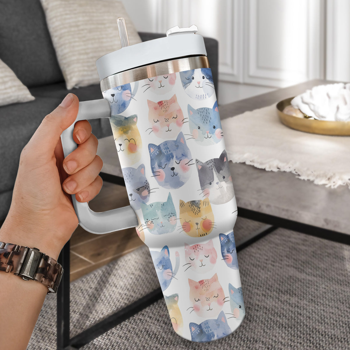 Cute Cat Tumbler 40oz With Handle, Cat Pattern 40oz Tumbler, Cat Lover Tumbler 40oz, Stainless Steel Tumbler, Insulated Tumbler 18