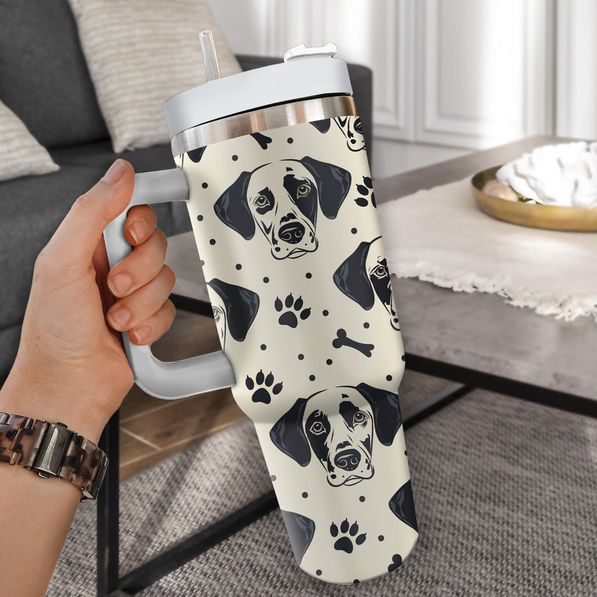 Cute Dalmatian Tumbler 40oz With Handle, Dalmatian Pattern 40oz Tumbler, Dog Paw Photo Tumbler with Straw, Dog Lover Tumbler, Stainless Steel Tumbler, Insulated Tumbler