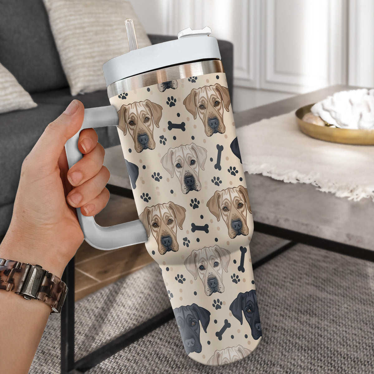 Cute Labrador Retriever Tumbler 40oz With Handle, Labrador Retriever Pattern 40oz Tumbler, Dog Paw Photo Tumbler with Straw, Dog Lover Tumbler, Stainless Steel Tumbler, Insulated Tumbler