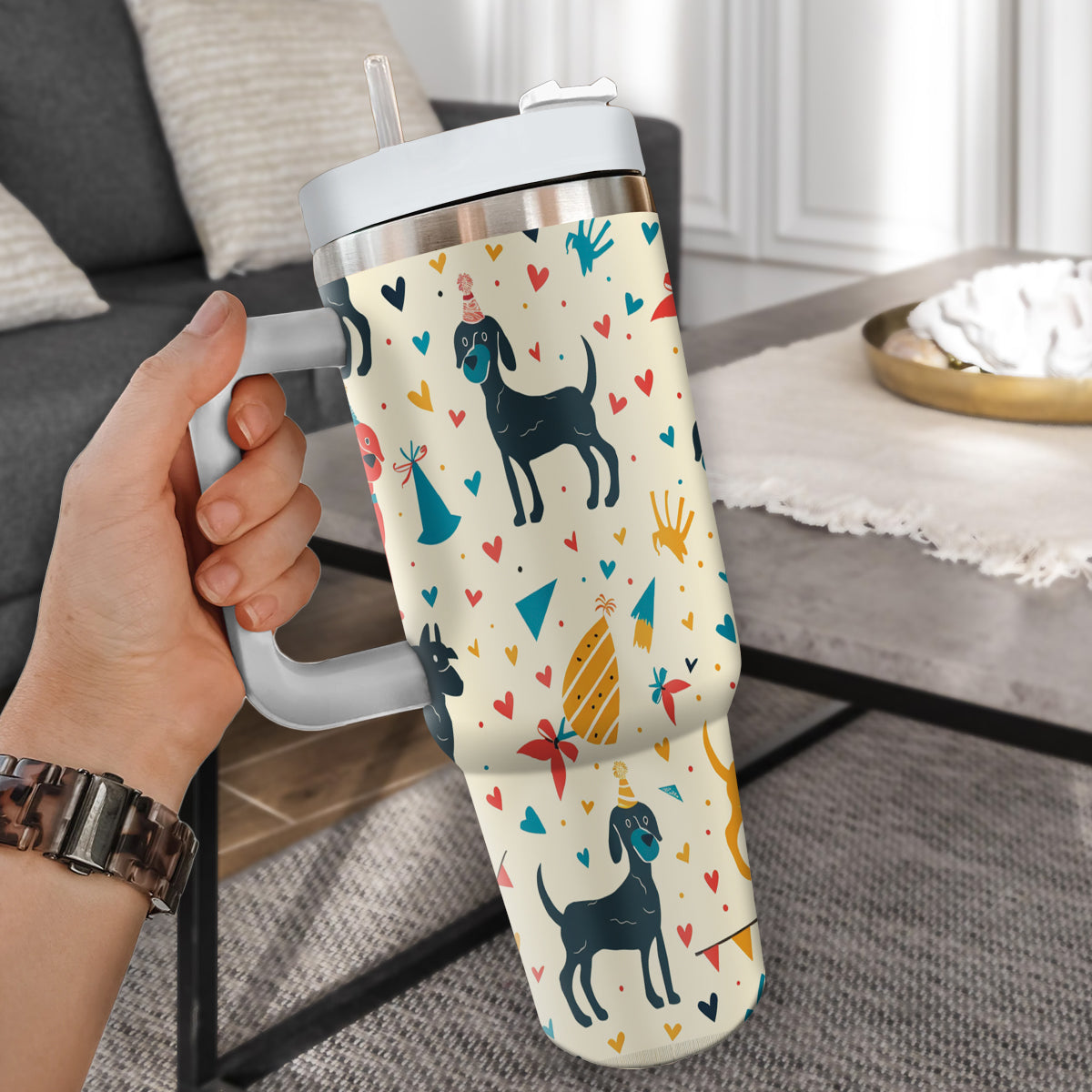 Cute Dog Tumbler 40oz With Handle, Dog Face Pattern 40oz Tumbler, Puppies Tumbler with Straw, Dog Lover Tumbler, Stainless Steel Tumbler, Insulated Tumbler 03