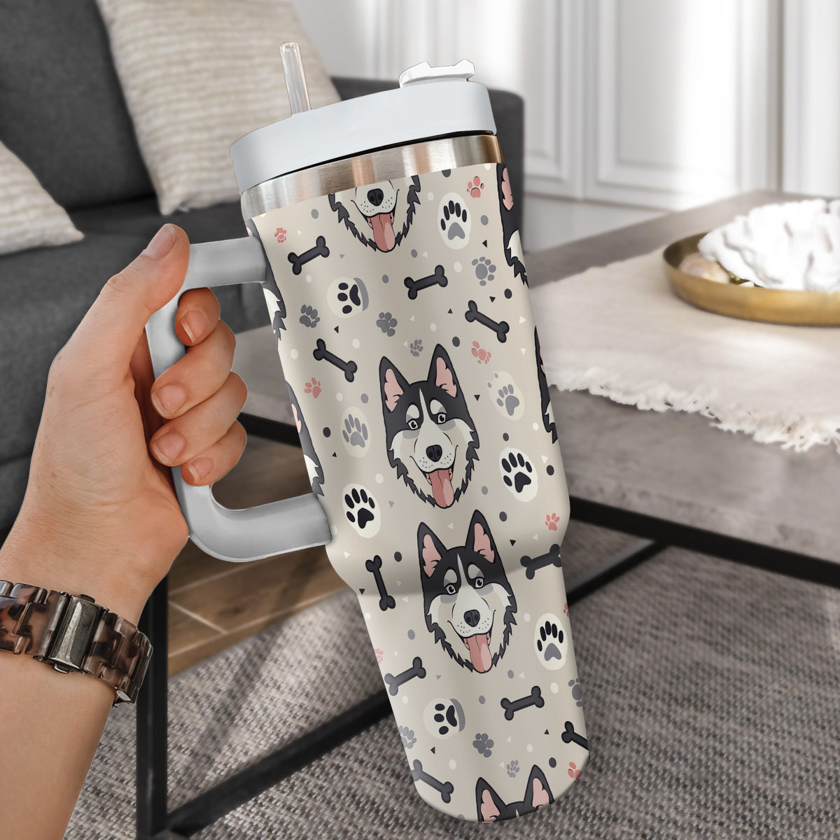 Cute Siberian Husky Tumbler 40oz With Handle, Siberian Husky Pattern 40oz Tumbler, Dog Paw Photo Tumbler with Straw, Dog Lover Tumbler, Stainless Steel Tumbler, Insulated Tumbler 02