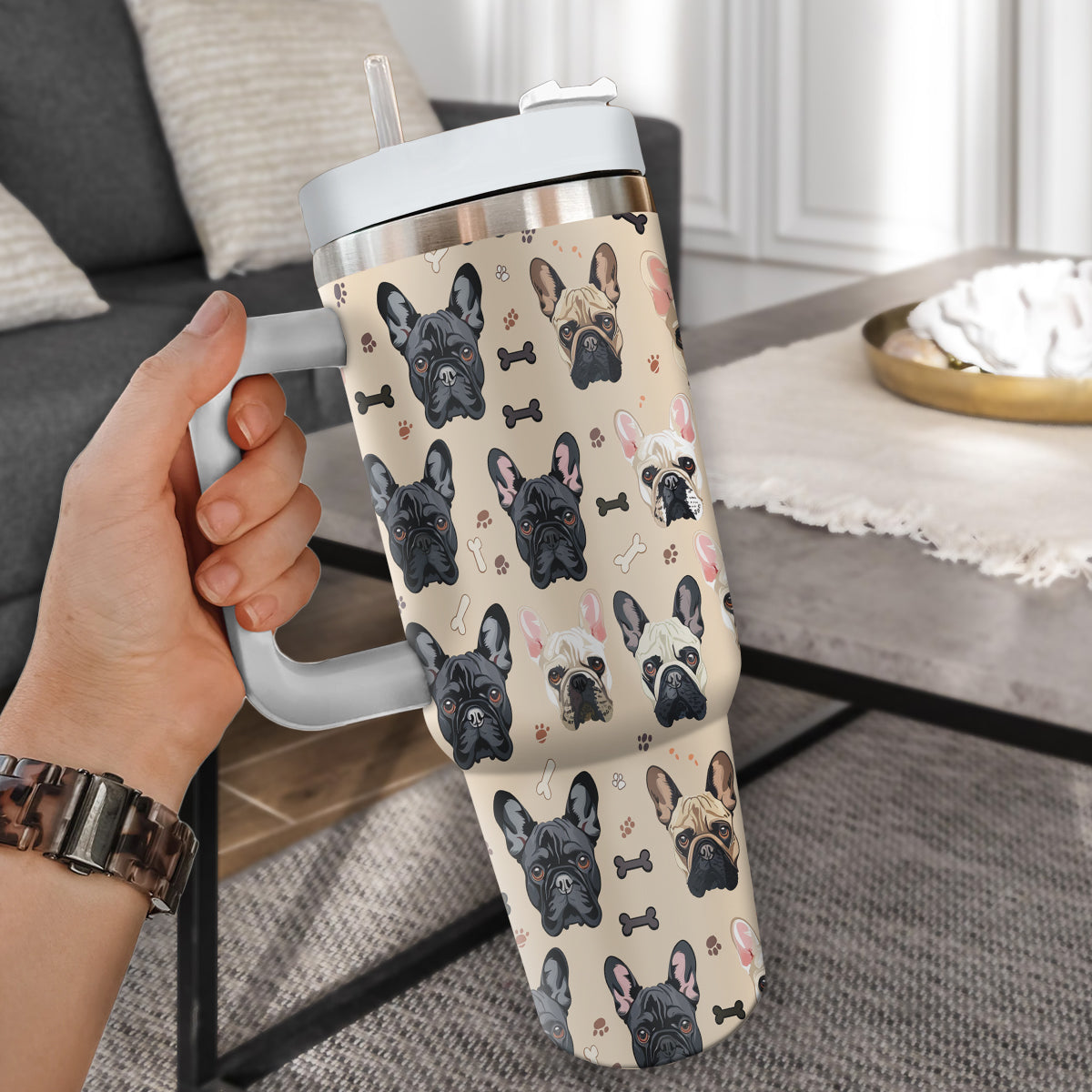 Cute French Bulldog Tumbler 40oz With Handle, French Bulldog Pattern 40oz Tumbler, Dog Paw Photo Tumbler with Straw, Dog Lover Tumbler, Stainless Steel Tumbler, Insulated Tumbler 01