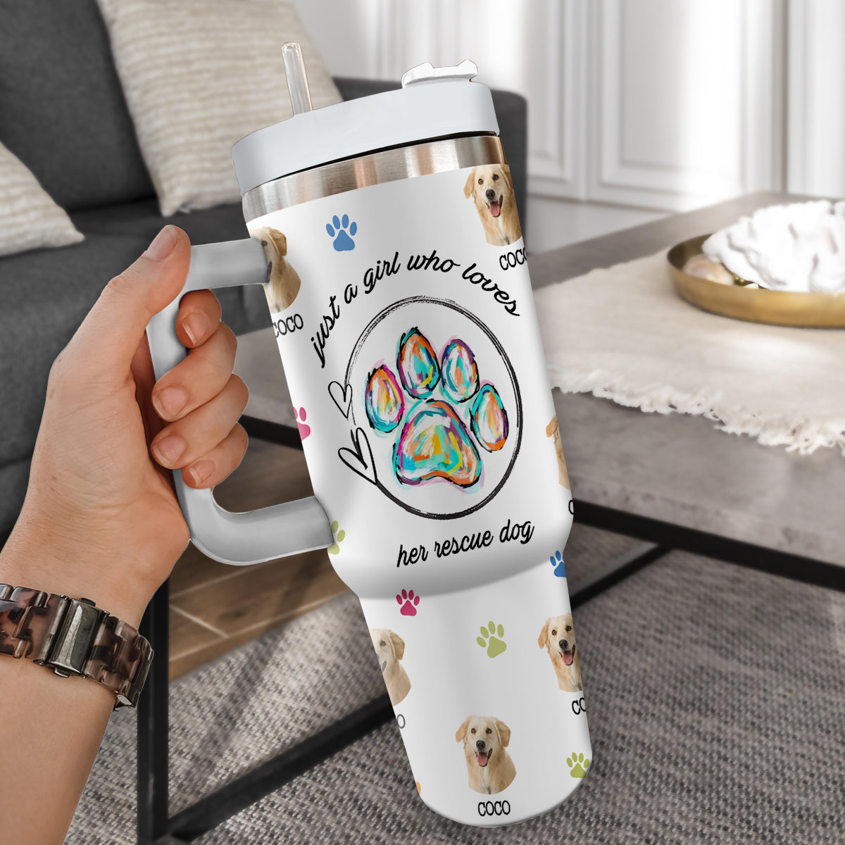 Custom Pet Photo Tumbler 40oz With Handle, Just A Girl Who Loves Dogs: Personalized Cute Dog Gifts for Dog Mom, Pets, Paw Prints , Puppies Tumbler with Straw, Dog Lover Tumbler, Favorite Pet Tumbler, Stainless Steel Tumbler, Insulated Tumbler 09