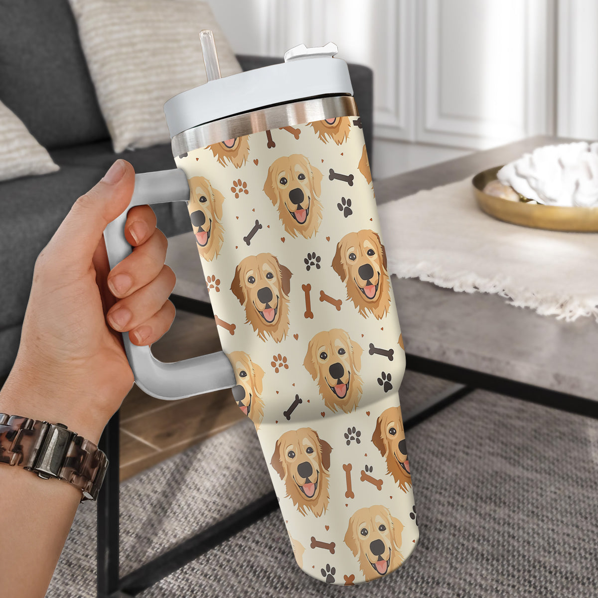 Cute Golden Retriever Tumbler 40oz With Handle, Golden Retriever Pattern 40oz Tumbler, Dog Paw Photo Tumbler with Straw, Dog Lover Tumbler, Stainless Steel Tumbler, Insulated Tumbler