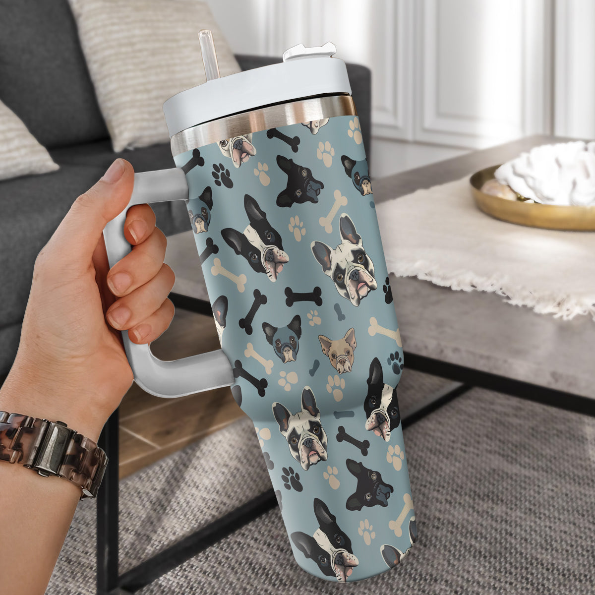 Cute French Bulldog Tumbler 40oz With Handle, French Bulldog Pattern 40oz Tumbler, Dog Paw Photo Tumbler with Straw, Dog Lover Tumbler, Stainless Steel Tumbler, Insulated Tumbler 02