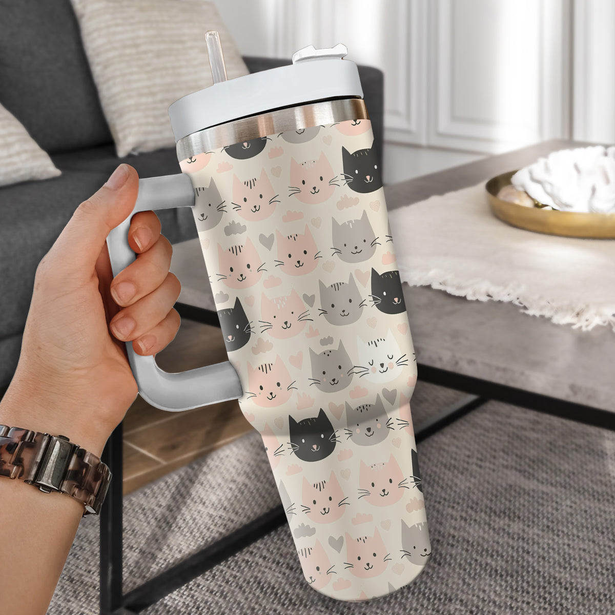 Cute Cat Tumbler 40oz With Handle, Cat Pattern 40oz Tumbler, Cat Lover Tumbler 40oz, Stainless Steel Tumbler, Insulated Tumbler 11