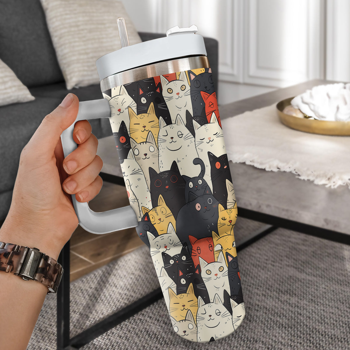 Cute Cat Tumbler 40oz With Handle, Cat Pattern 40oz Tumbler, Cat Lover Tumbler 40oz, Stainless Steel Tumbler, Insulated Tumbler 21