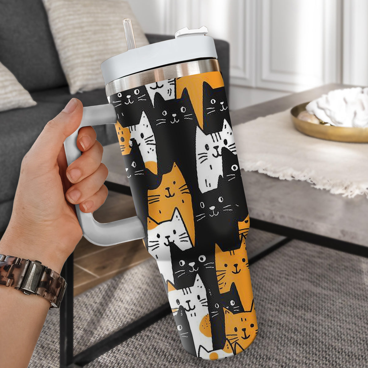 Cute Cat Tumbler 40oz With Handle, Cat Pattern 40oz Tumbler, Cat Lover Tumbler 40oz, Stainless Steel Tumbler, Insulated Tumbler 28