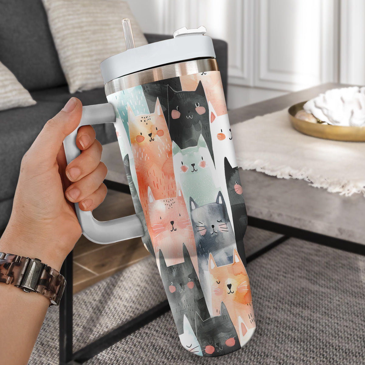 Cute Cat Tumbler 40oz With Handle, Cat Pattern 40oz Tumbler, Cat Lover Tumbler 40oz, Stainless Steel Tumbler, Insulated Tumbler 19