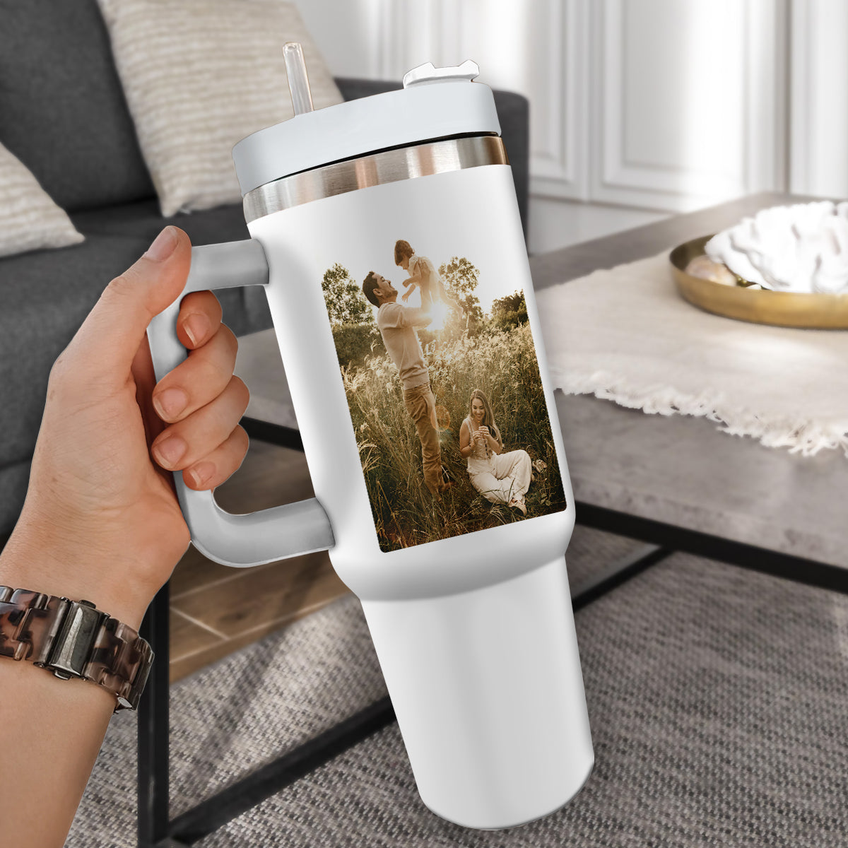 Custom 40oz Tumbler with Photo, Family Photo Tumbler 40oz With Handle, Personalized Photo Gift, Gift for Mother, Gift for Grandma, Stainless Steel Tumbler, Insulated Tumbler 01