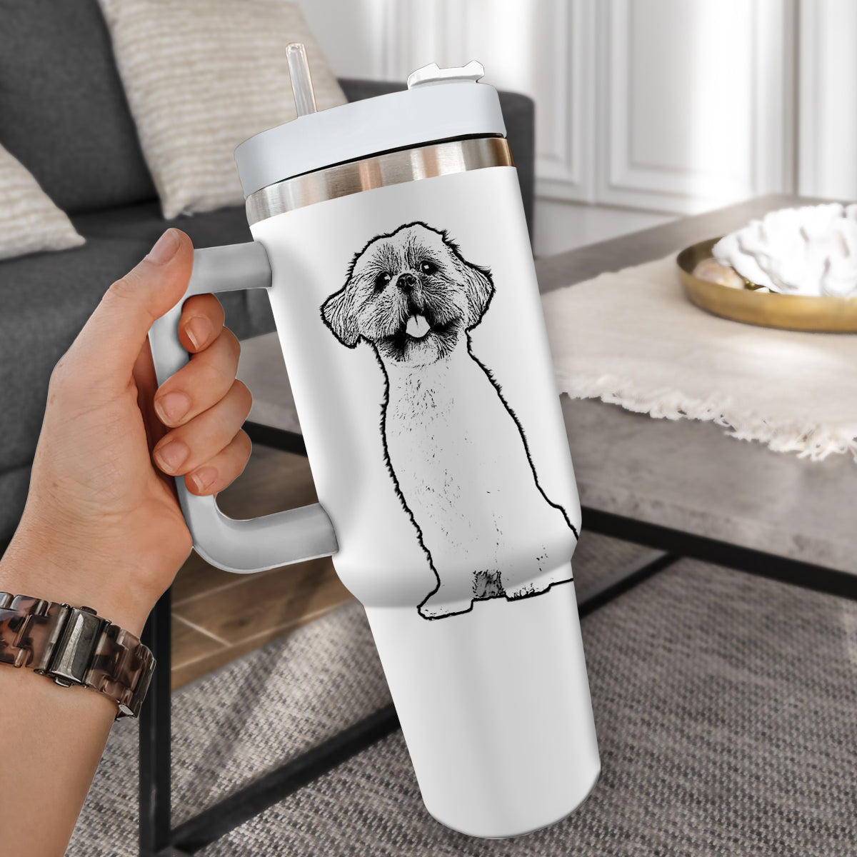 Custom Pet Photo Tumbler 40oz With Handle, Line Drawing Photo Tumbler, Line Art, Puppies Tumbler with Straw, Dog Lover Tumbler, Stainless Steel Tumbler, Insulated Tumbler, Pet Photo Gift with Custom Pet Image, Custom Pet Art, Pet Drawing 12