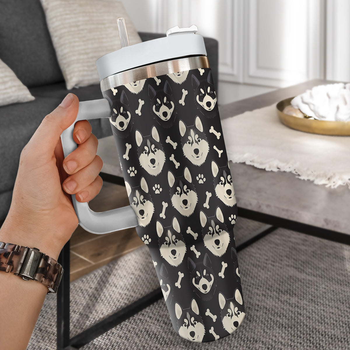 Cute Siberian Husky Tumbler 40oz With Handle, Siberian Husky Pattern 40oz Tumbler, Dog Paw Photo Tumbler with Straw, Dog Lover Tumbler, Stainless Steel Tumbler, Insulated Tumbler 01