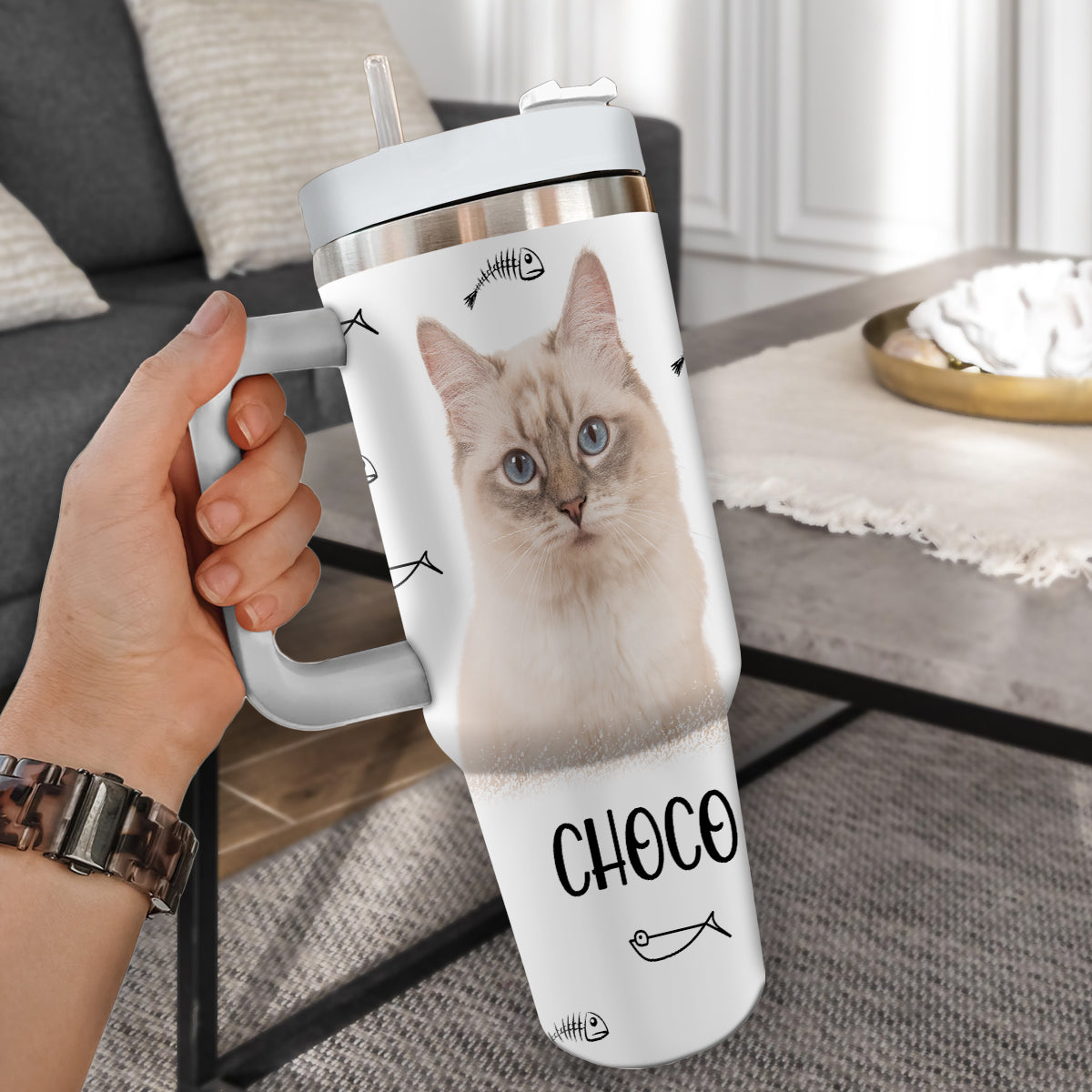 Custom Pet Photo Tumbler 40oz With Handle, Watercolor Pet Portrait From Photo Tumbler,  Personalized Cat Face Photo Tumbler with Straw, Cat Lover Tumbler, Stainless Steel Tumbler, Insulated Tumbler 16