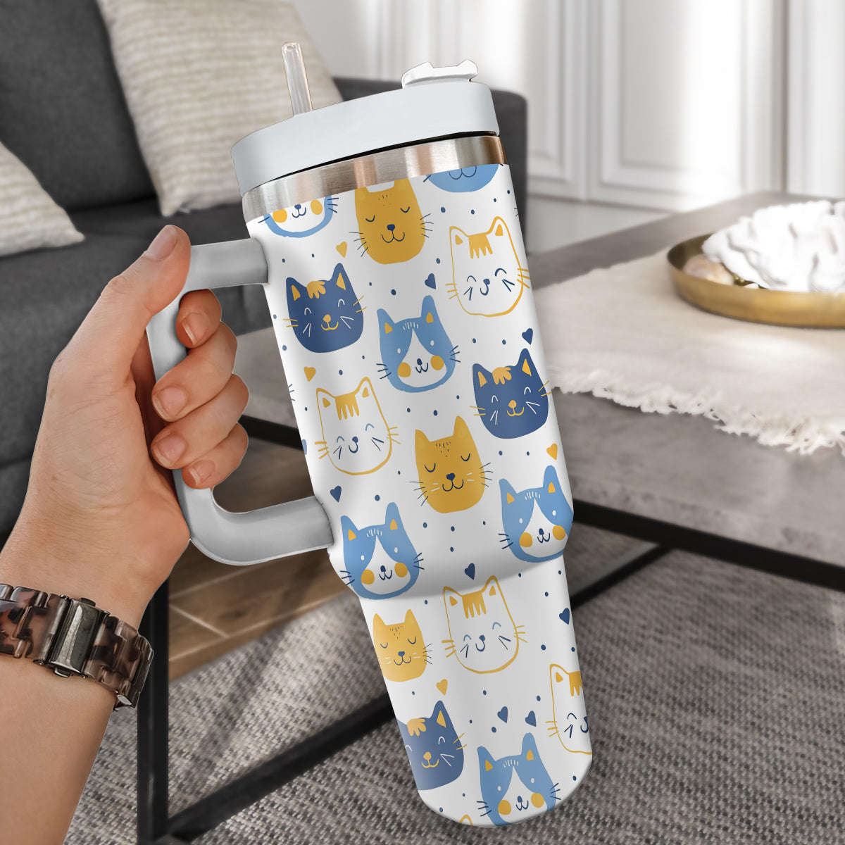 Cute Cat Tumbler 40oz With Handle, Cat Pattern 40oz Tumbler, Cat Lover Tumbler 40oz, Stainless Steel Tumbler, Insulated Tumbler 17