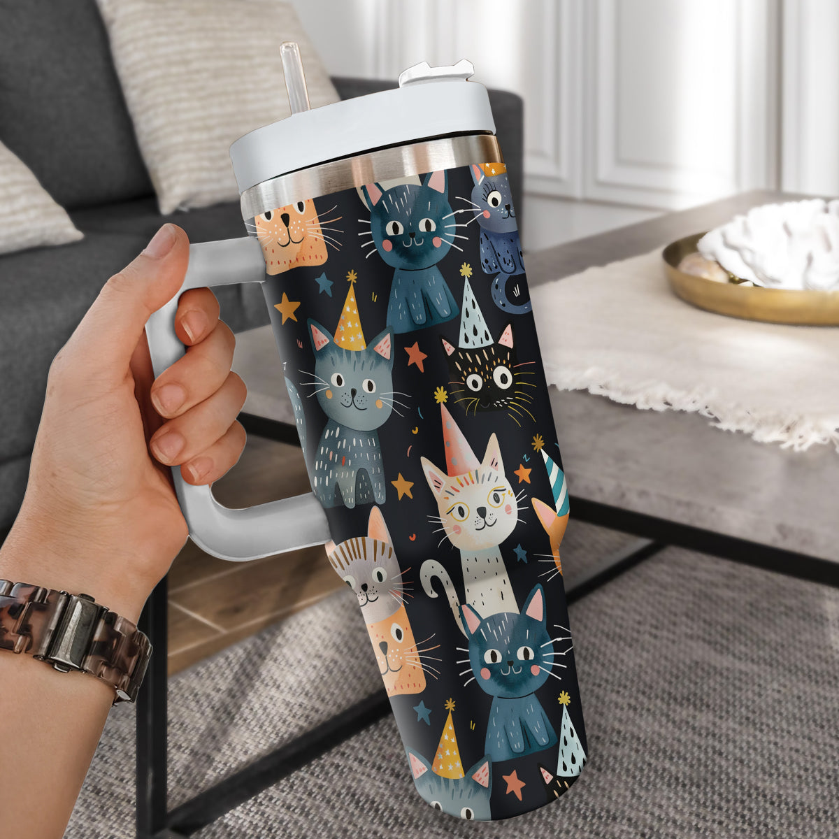 Cute Cat Tumbler 40oz With Handle, Cat Pattern 40oz Tumbler, Cat Lover Tumbler 40oz, Stainless Steel Tumbler, Insulated Tumbler 14