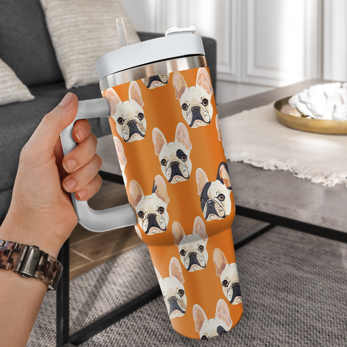 Cute French Bulldog Tumbler 40oz With Handle, French Bulldog Pattern 40oz Tumbler, Dog Paw Photo Tumbler with Straw, Dog Lover Tumbler, Stainless Steel Tumbler, Insulated Tumbler 03