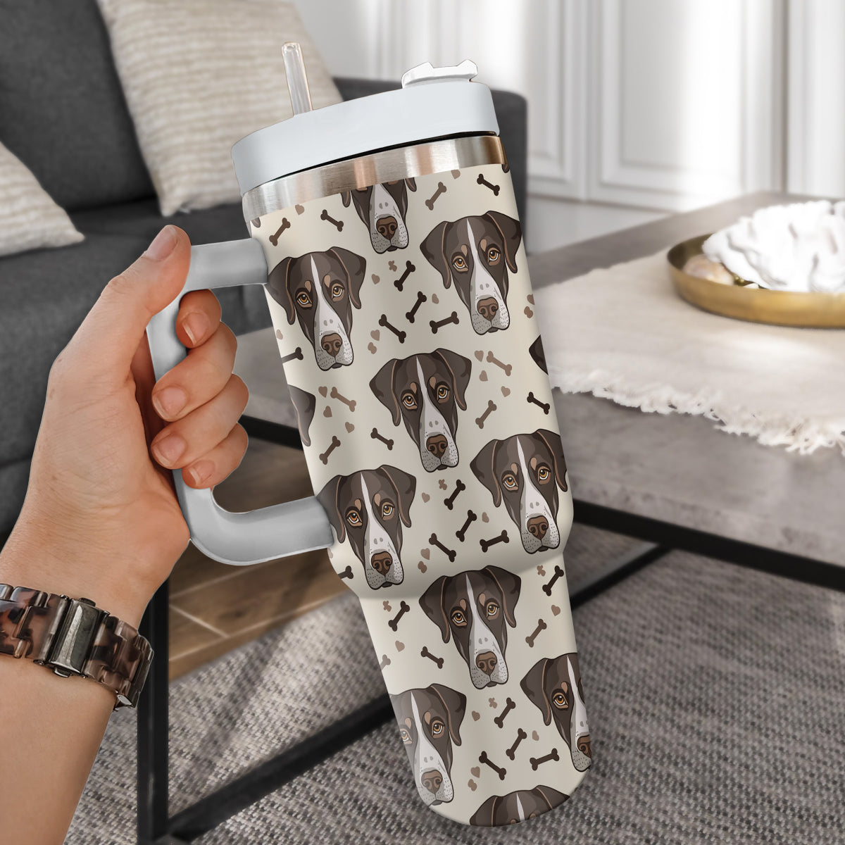 Cute German Shorthaired Pointer Tumbler 40oz With Handle, German Shorthaired Pointer Pattern 40oz Tumbler, Dog Paw Photo Tumbler with Straw, Dog Lover Tumbler, Stainless Steel Tumbler, Insulated Tumbler