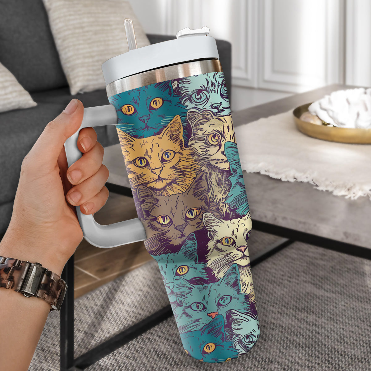 Cute Cat Tumbler 40oz With Handle, Cat Pattern 40oz Tumbler, Cat Lover Tumbler 40oz, Stainless Steel Tumbler, Insulated Tumbler 24