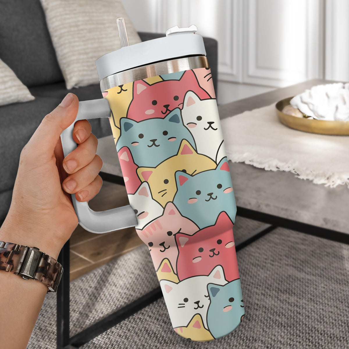 Cute Cat Tumbler 40oz With Handle, Cat Pattern 40oz Tumbler, Cat Lover Tumbler 40oz, Stainless Steel Tumbler, Insulated Tumbler 27