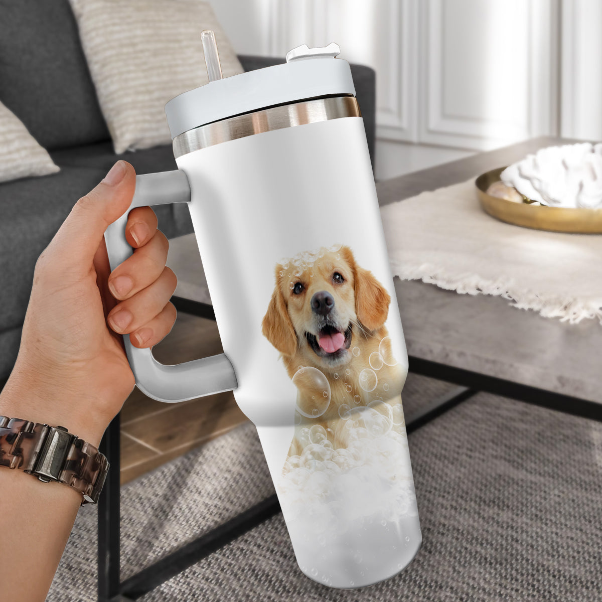 Custom Pet Portrait Photo Tumbler 40oz With Handle, Animal in Tub, Funny Bathroom Art, Dog In Bathtub Print, Puppies Tumbler with Straw, Dog Lover Tumbler, Stainless Steel Tumbler, Insulated Tumbler 19