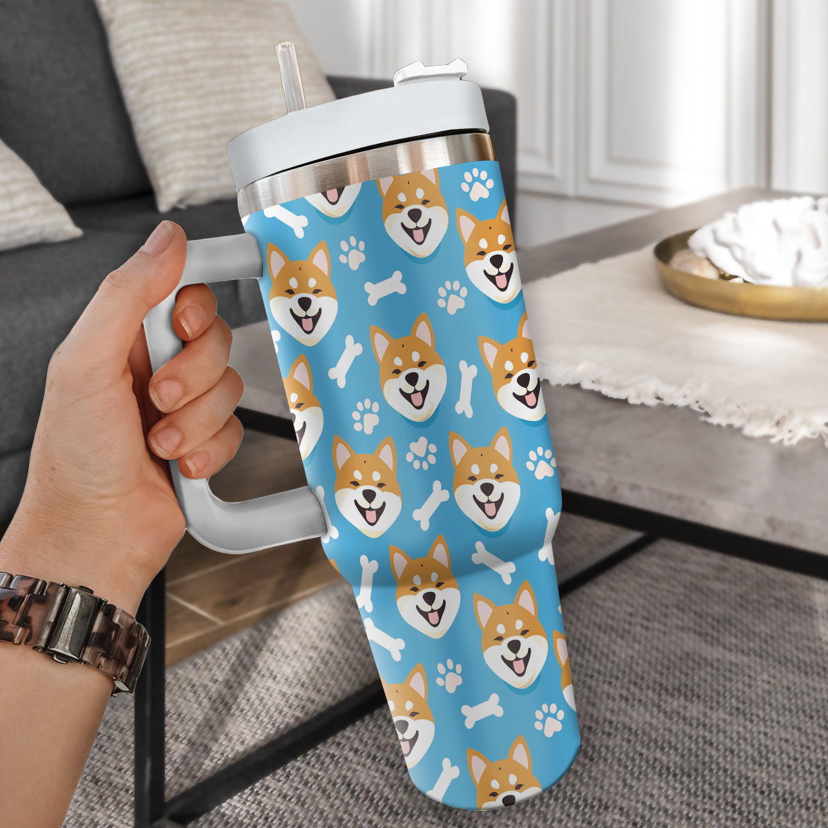 Cute Shiba Tumbler 40oz With Handle, Shiba Pattern 40oz Tumbler, Dog Paw Photo Tumbler with Straw, Dog Lover Tumbler, Stainless Steel Tumbler, Insulated Tumbler 01