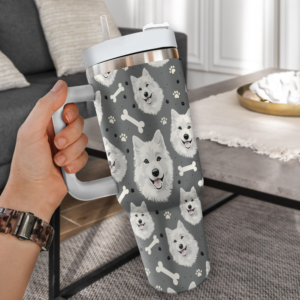 Cute Samoyed Tumbler 40oz With Handle, Samoyed Pattern 40oz Tumbler, Dog Paw Photo Tumbler with Straw, Dog Lover Tumbler, Stainless Steel Tumbler, Insulated Tumbler 02