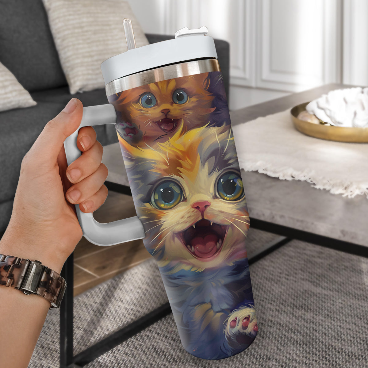 Cute Cat Tumbler 40oz With Handle, Cat Pattern 40oz Tumbler, Cat Lover Tumbler 40oz, Stainless Steel Tumbler, Insulated Tumbler 22