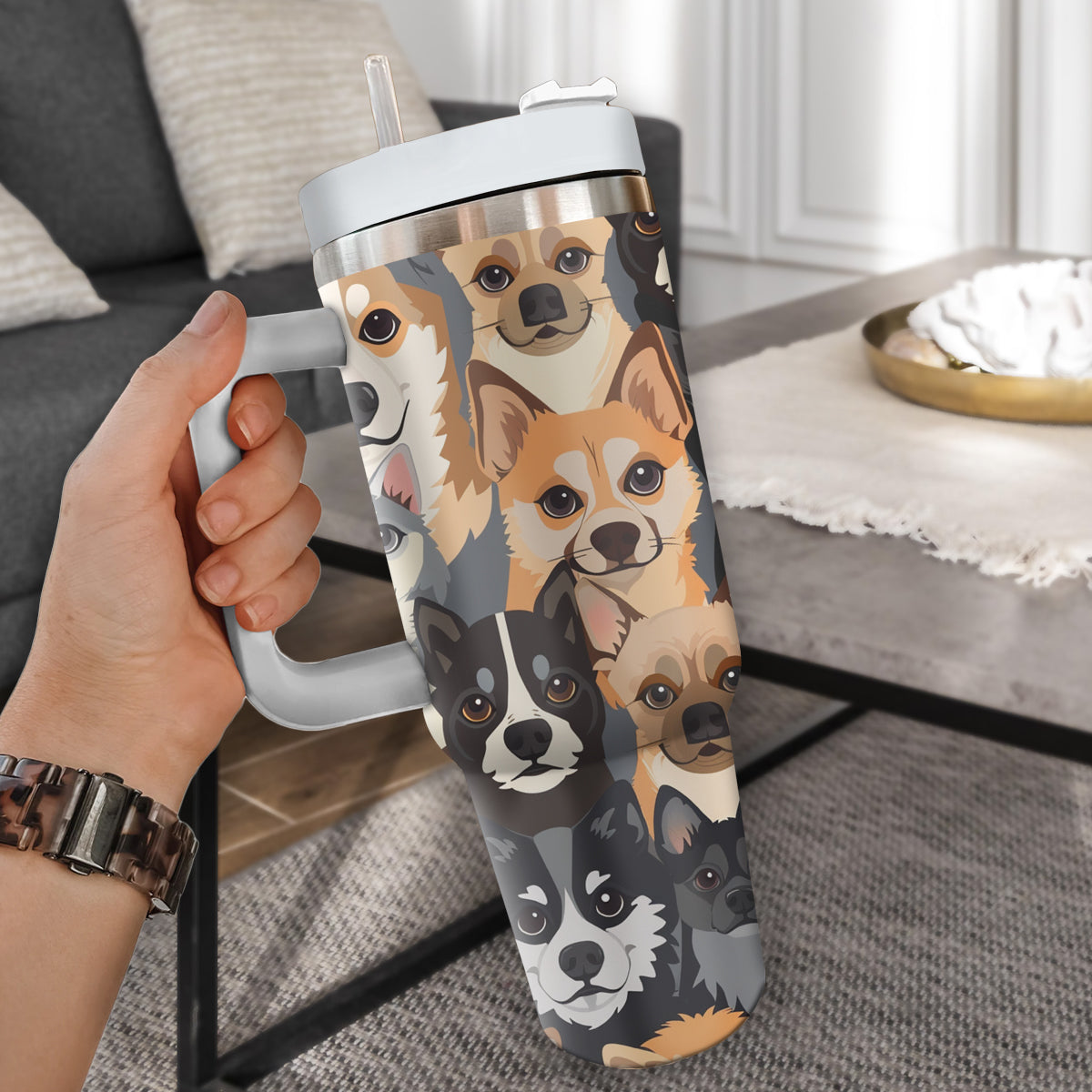 Cute Dog Tumbler 40oz With Handle, Dog Face Pattern 40oz Tumbler, Puppies Tumbler with Straw, Dog Lover Tumbler, Stainless Steel Tumbler, Insulated Tumbler 05