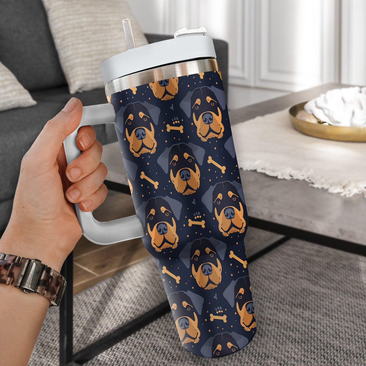 Cute Rottweiler Tumbler 40oz With Handle, Rottweiler Pattern 40oz Tumbler, Dog Paw Photo Tumbler with Straw, Dog Lover Tumbler, Stainless Steel Tumbler, Insulated Tumbler