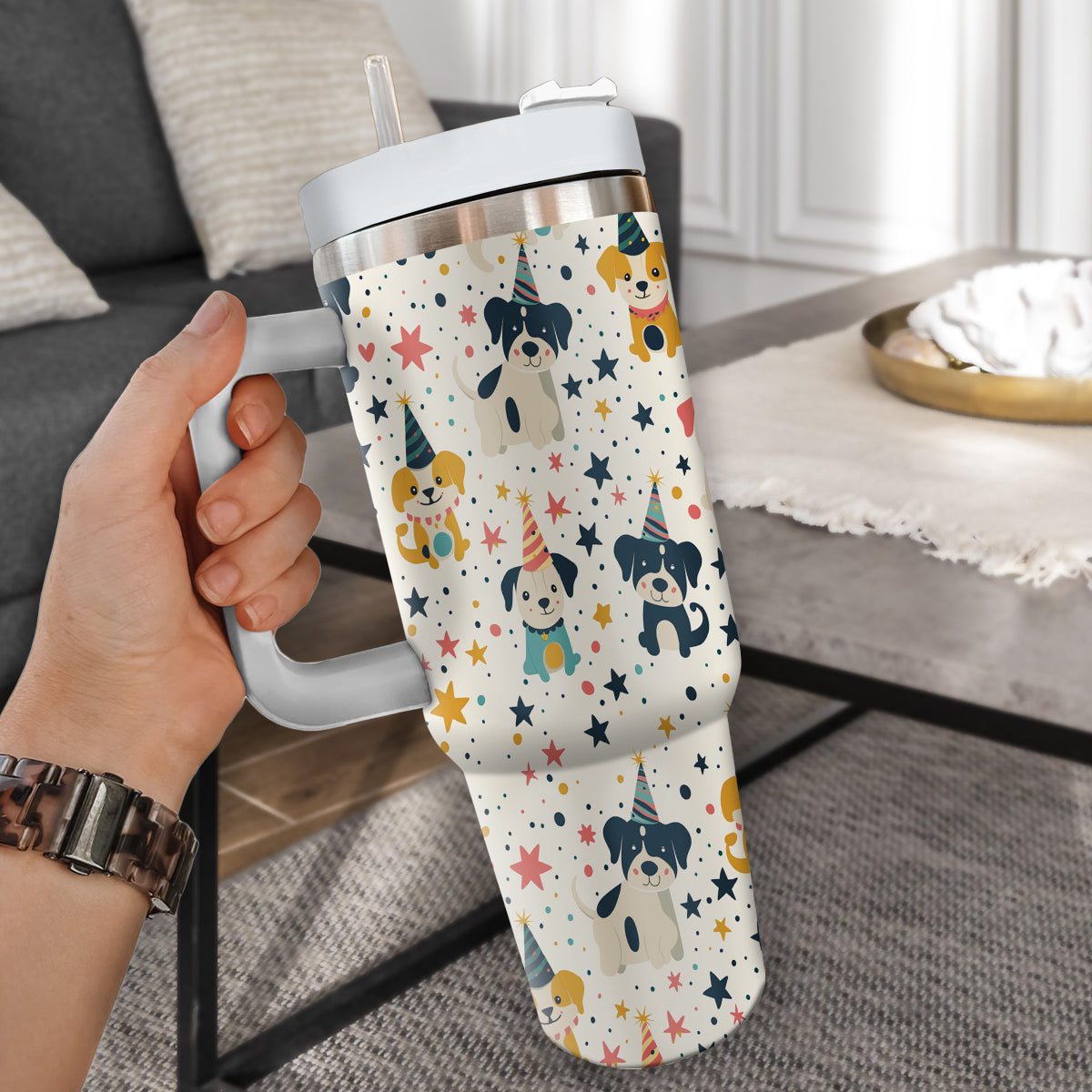 Cute Dog Tumbler 40oz With Handle, Dog Face Pattern 40oz Tumbler, Puppies Tumbler with Straw, Dog Lover Tumbler, Stainless Steel Tumbler, Insulated Tumbler 02