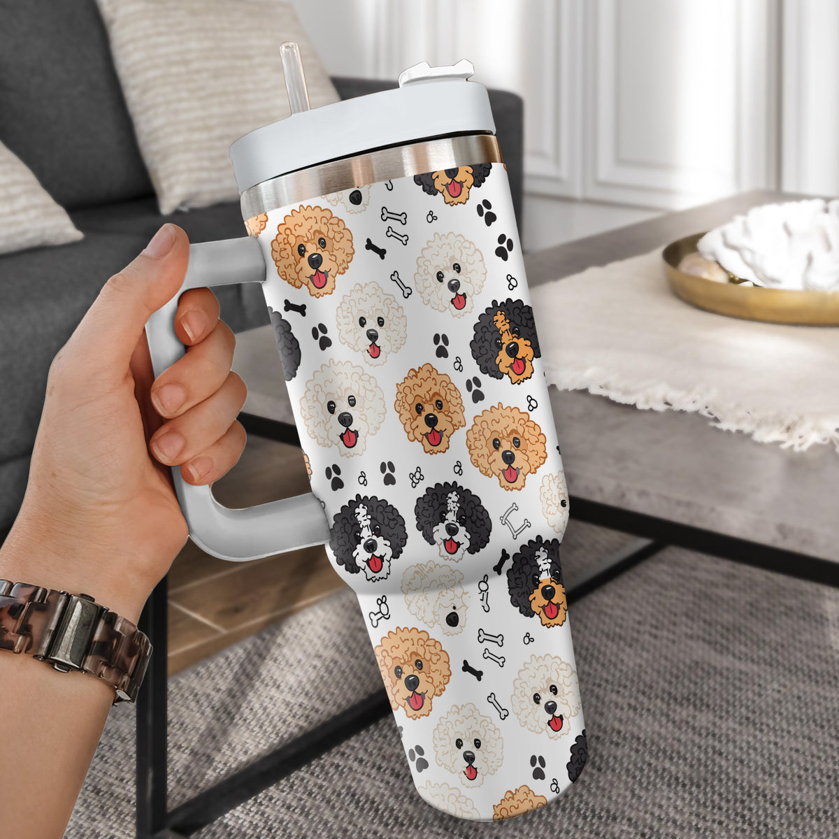 Cute Poodle Tumbler 40oz With Handle, Poodle Pattern 40oz Tumbler, Dog Paw Photo Tumbler with Straw, Dog Lover Tumbler, Stainless Steel Tumbler, Insulated Tumbler 02