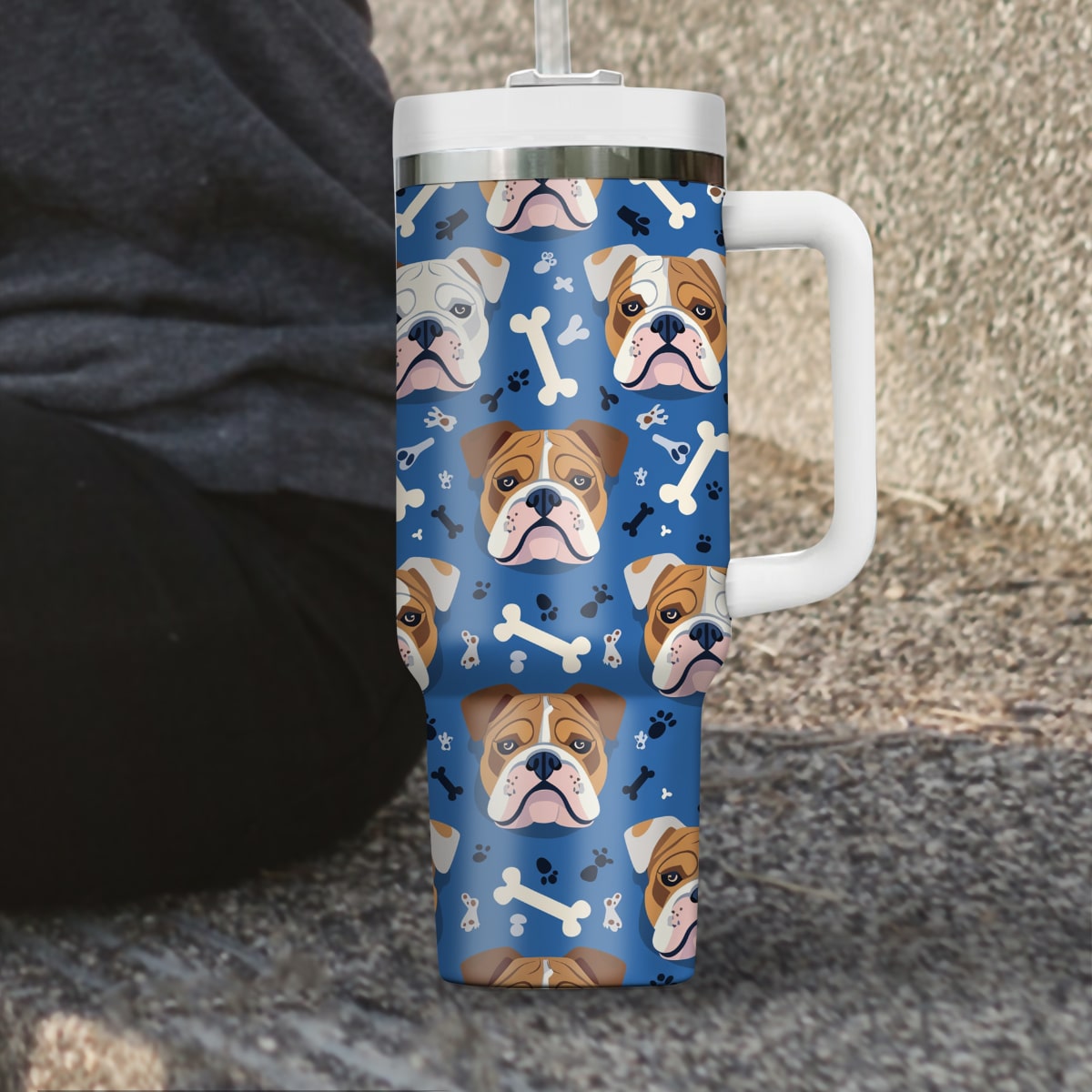 Cute Bulldog Tumbler 40oz With Handle, Bulldog Pattern 40oz Tumbler, Dog Paw Photo Tumbler with Straw, Dog Lover Tumbler, Stainless Steel Tumbler, Insulated Tumbler