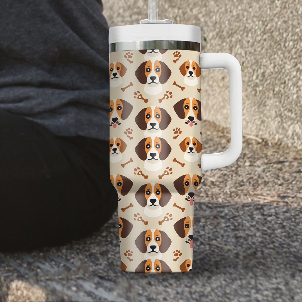 Cute Beagle Tumbler 40oz With Handle, Beagle Pattern 40oz Tumbler, Dog Paw Photo Tumbler with Straw, Dog Lover Tumbler, Stainless Steel Tumbler, Insulated Tumbler