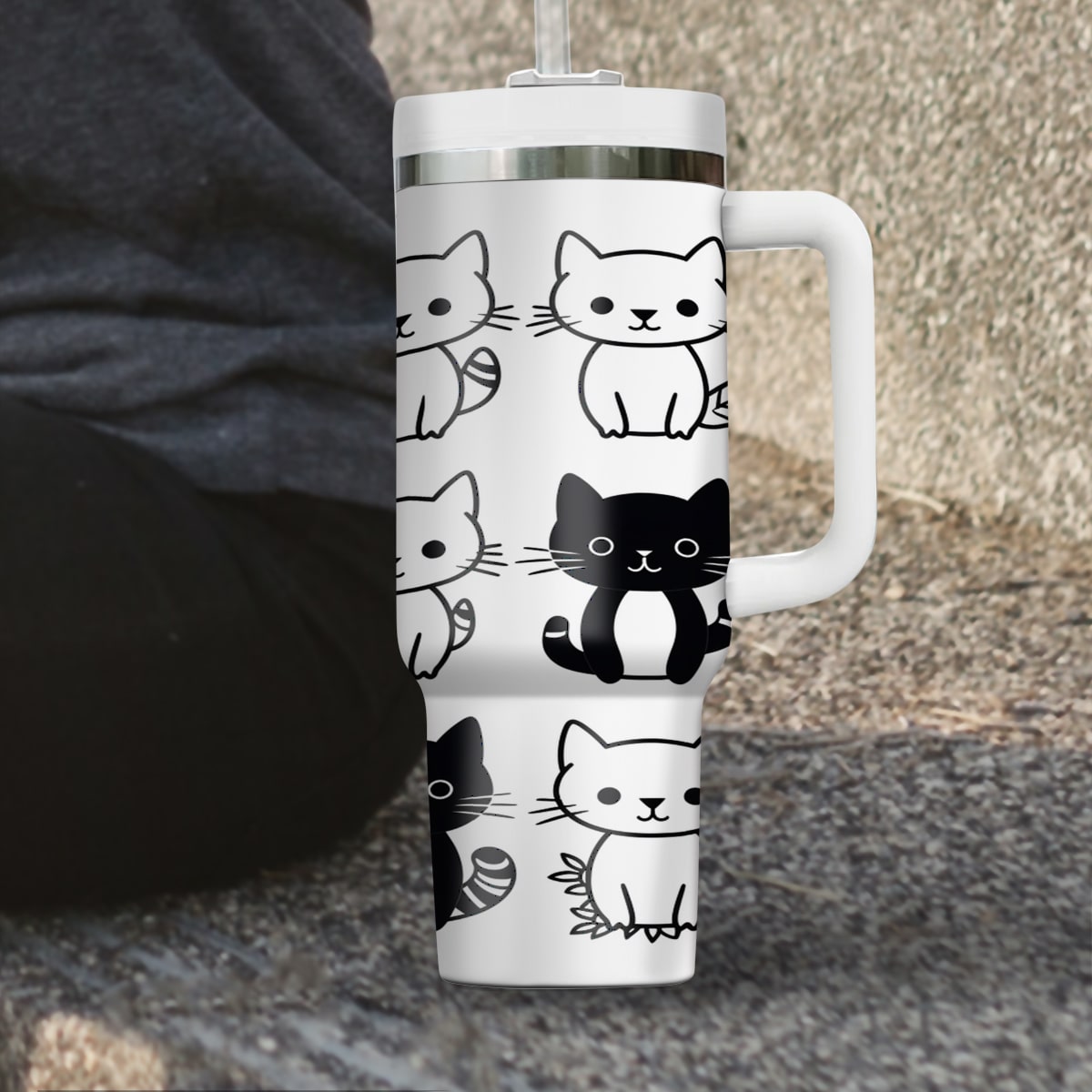 Cute Cat Tumbler 40oz With Handle, Cat Pattern 40oz Tumbler, Cat Lover Tumbler 40oz, Stainless Steel Tumbler, Insulated Tumbler 04