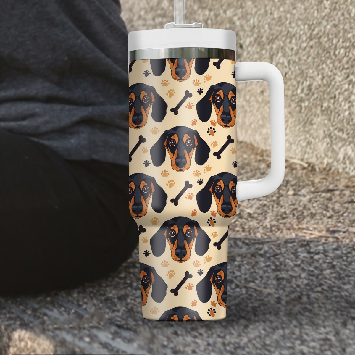 Cute Dachshund Tumbler 40oz With Handle, Dachshund Pattern 40oz Tumbler, Dog Paw Photo Tumbler with Straw, Dog Lover Tumbler, Stainless Steel Tumbler, Insulated Tumbler