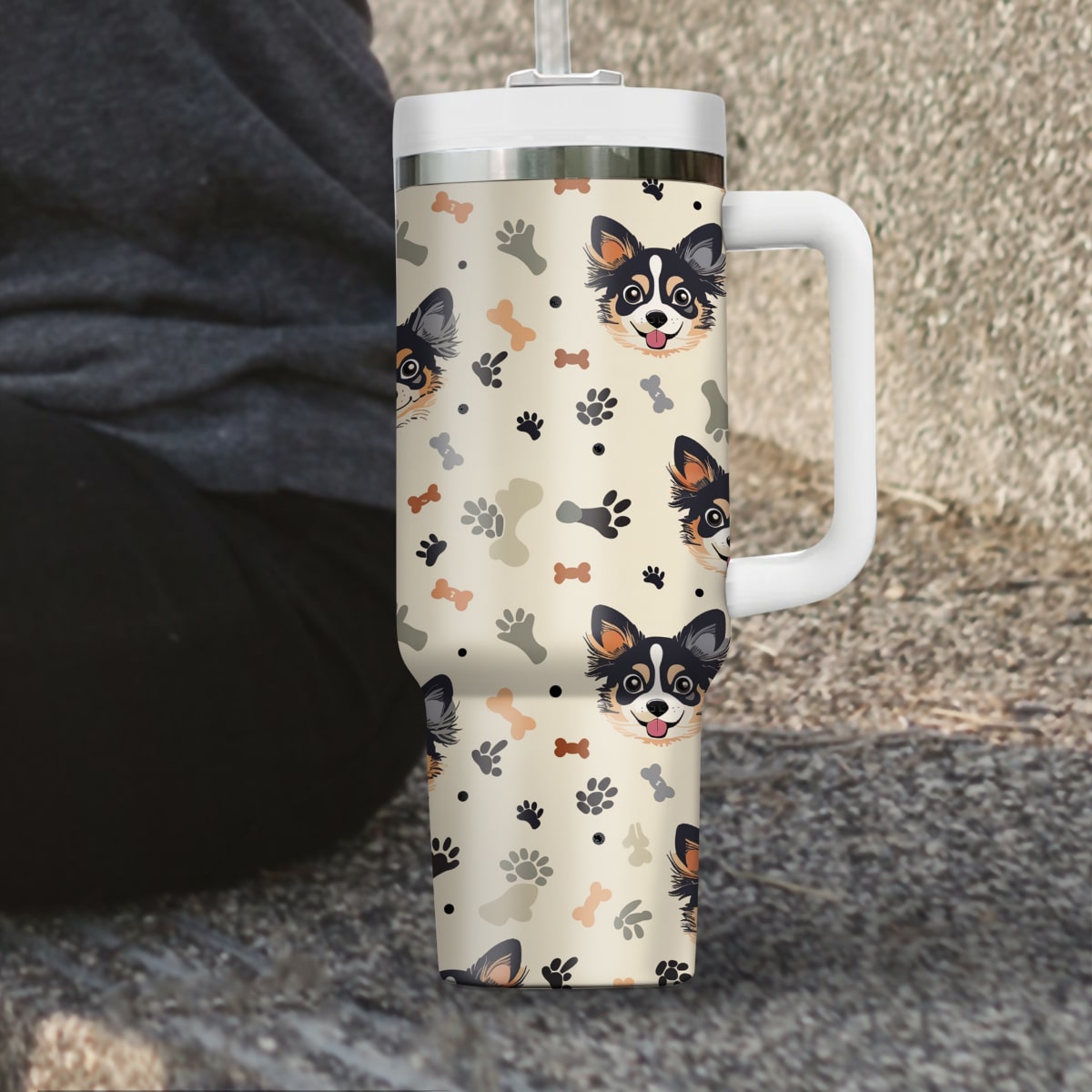 Cute Chihuahua Tumbler 40oz With Handle, Chihuahua Pattern 40oz Tumbler, Dog Paw Photo Tumbler with Straw, Dog Lover Tumbler, Stainless Steel Tumbler, Insulated Tumbler