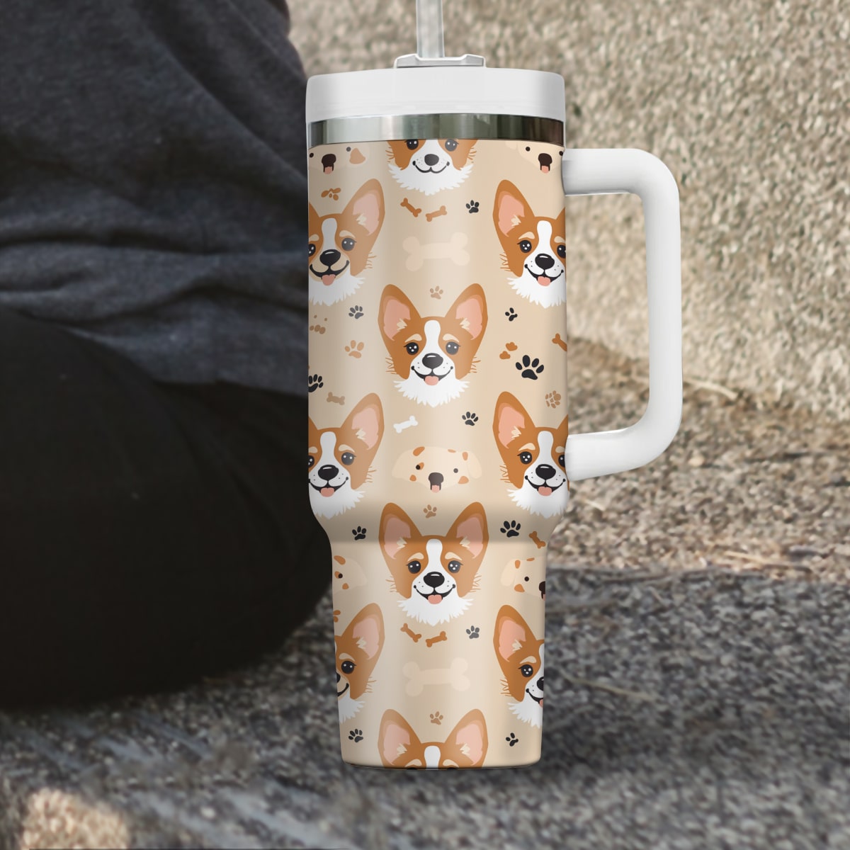 Cute Corgi Tumbler 40oz With Handle, Corgi Pattern 40oz Tumbler, Dog Paw Photo Tumbler with Straw, Dog Lover Tumbler, Stainless Steel Tumbler, Insulated Tumbler