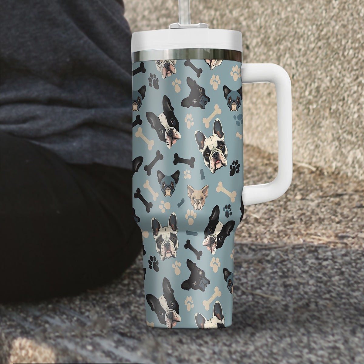 Cute French Bulldog Tumbler 40oz With Handle, French Bulldog Pattern 40oz Tumbler, Dog Paw Photo Tumbler with Straw, Dog Lover Tumbler, Stainless Steel Tumbler, Insulated Tumbler 02