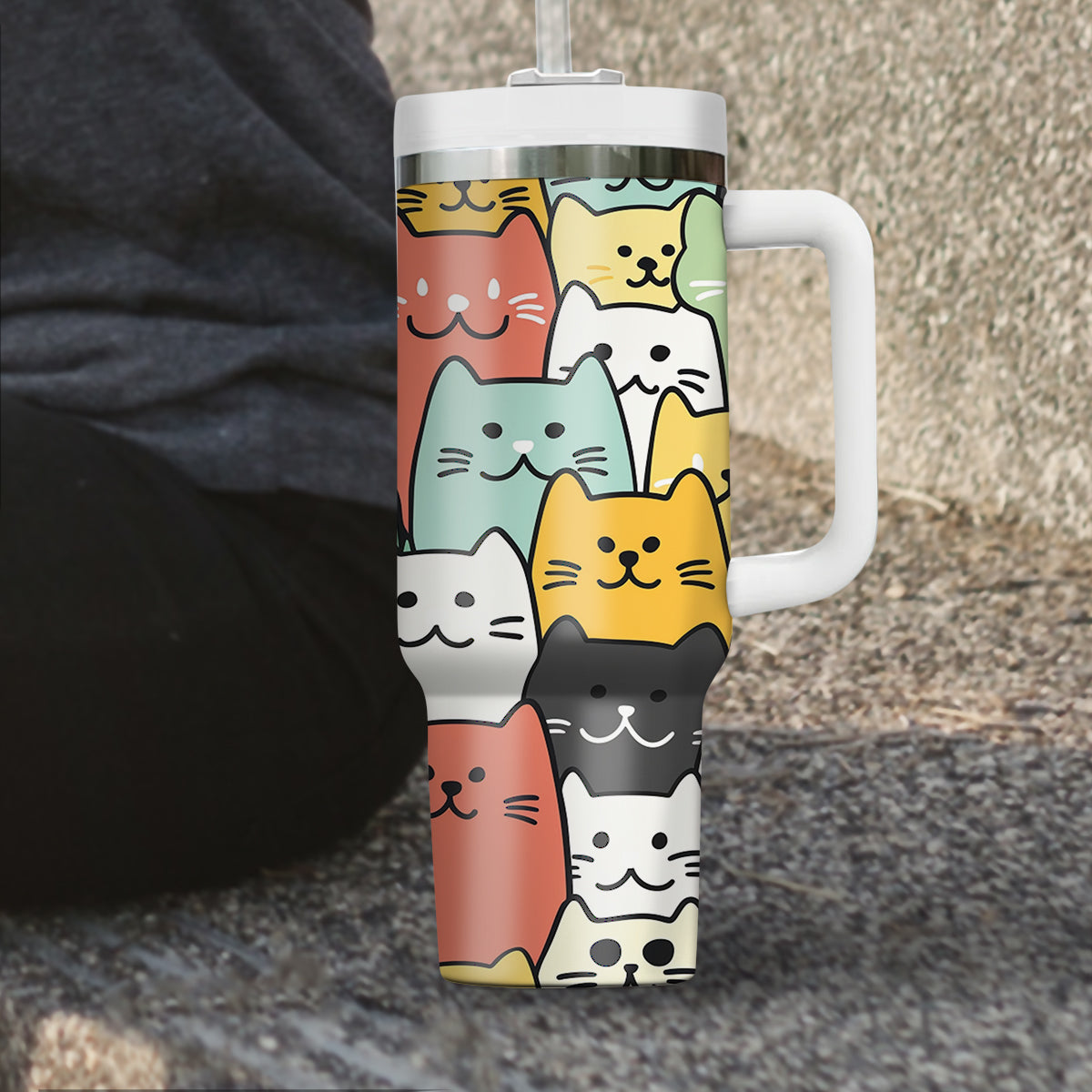 Cute Cat Tumbler 40oz With Handle, Cat Pattern 40oz Tumbler, Cat Lover Tumbler 40oz, Stainless Steel Tumbler, Insulated Tumbler 26