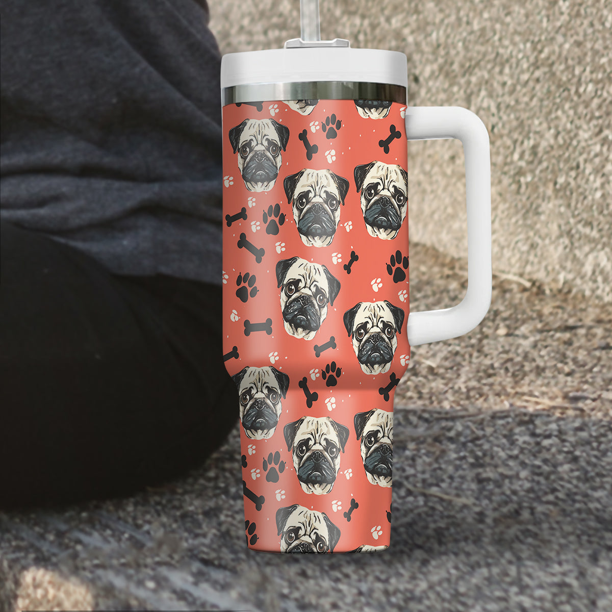 Cute Pug Tumbler 40oz With Handle, Pug Pattern 40oz Tumbler, Dog Paw Photo Tumbler with Straw, Dog Lover Tumbler, Stainless Steel Tumbler, Insulated Tumbler