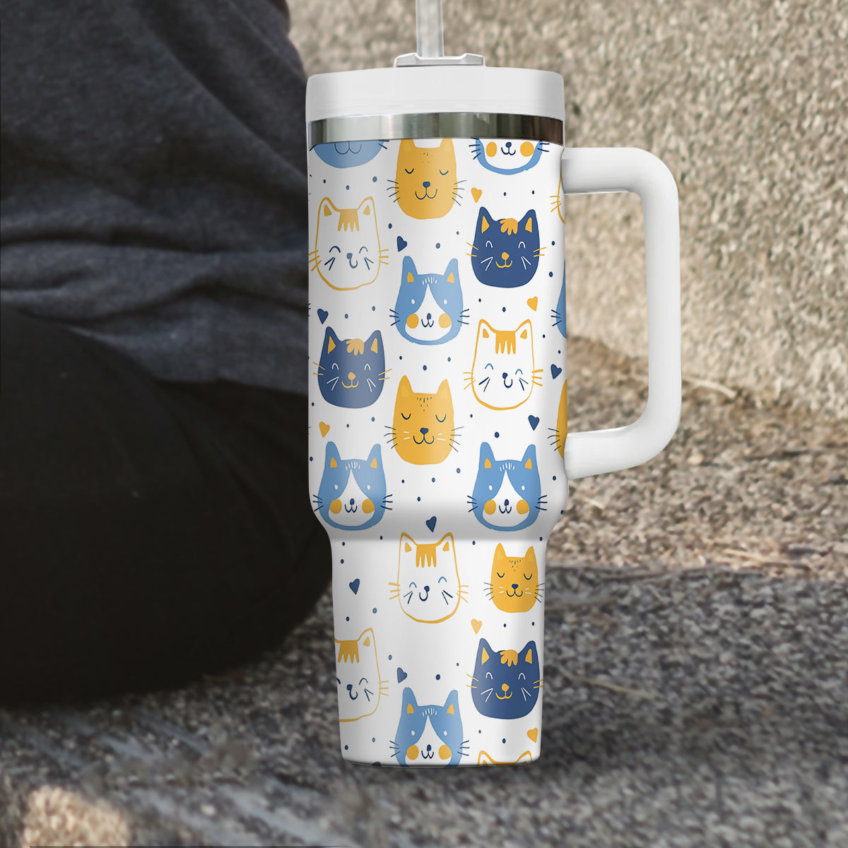 Cute Cat Tumbler 40oz With Handle, Cat Pattern 40oz Tumbler, Cat Lover Tumbler 40oz, Stainless Steel Tumbler, Insulated Tumbler 17