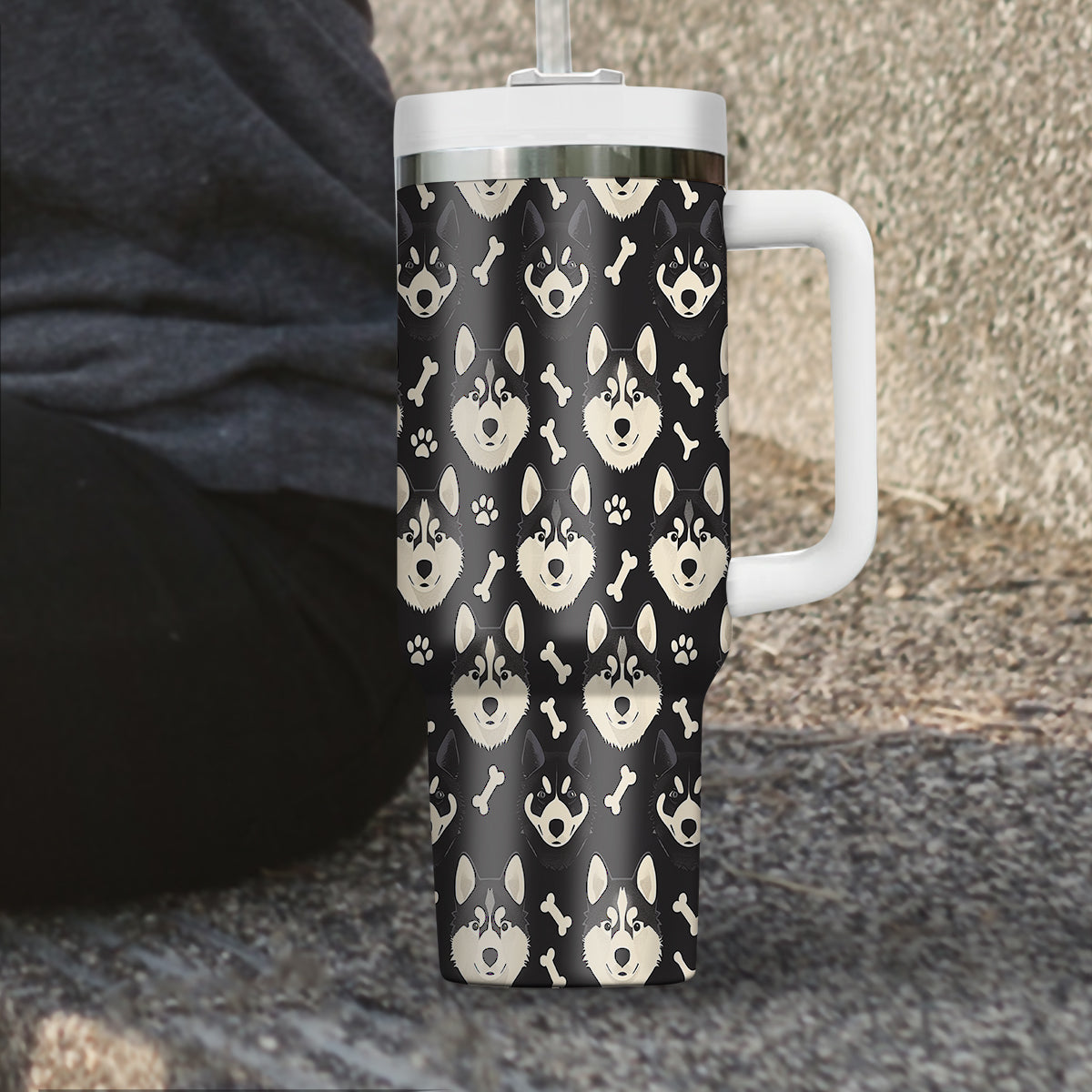 Cute Siberian Husky Tumbler 40oz With Handle, Siberian Husky Pattern 40oz Tumbler, Dog Paw Photo Tumbler with Straw, Dog Lover Tumbler, Stainless Steel Tumbler, Insulated Tumbler 01