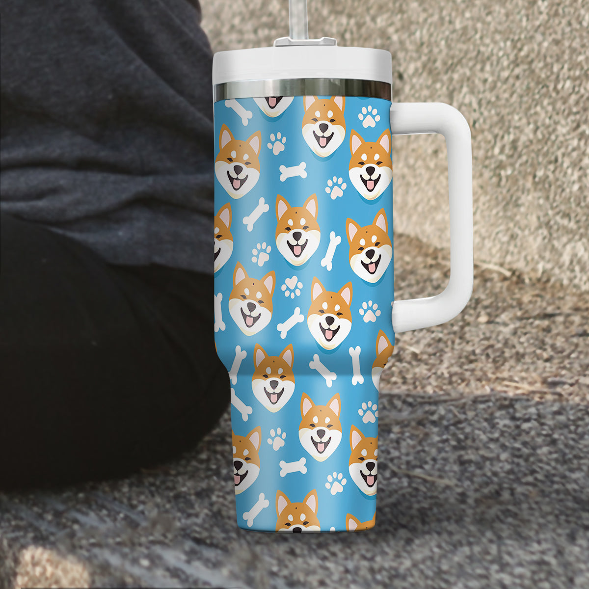 Cute Shiba Tumbler 40oz With Handle, Shiba Pattern 40oz Tumbler, Dog Paw Photo Tumbler with Straw, Dog Lover Tumbler, Stainless Steel Tumbler, Insulated Tumbler 01