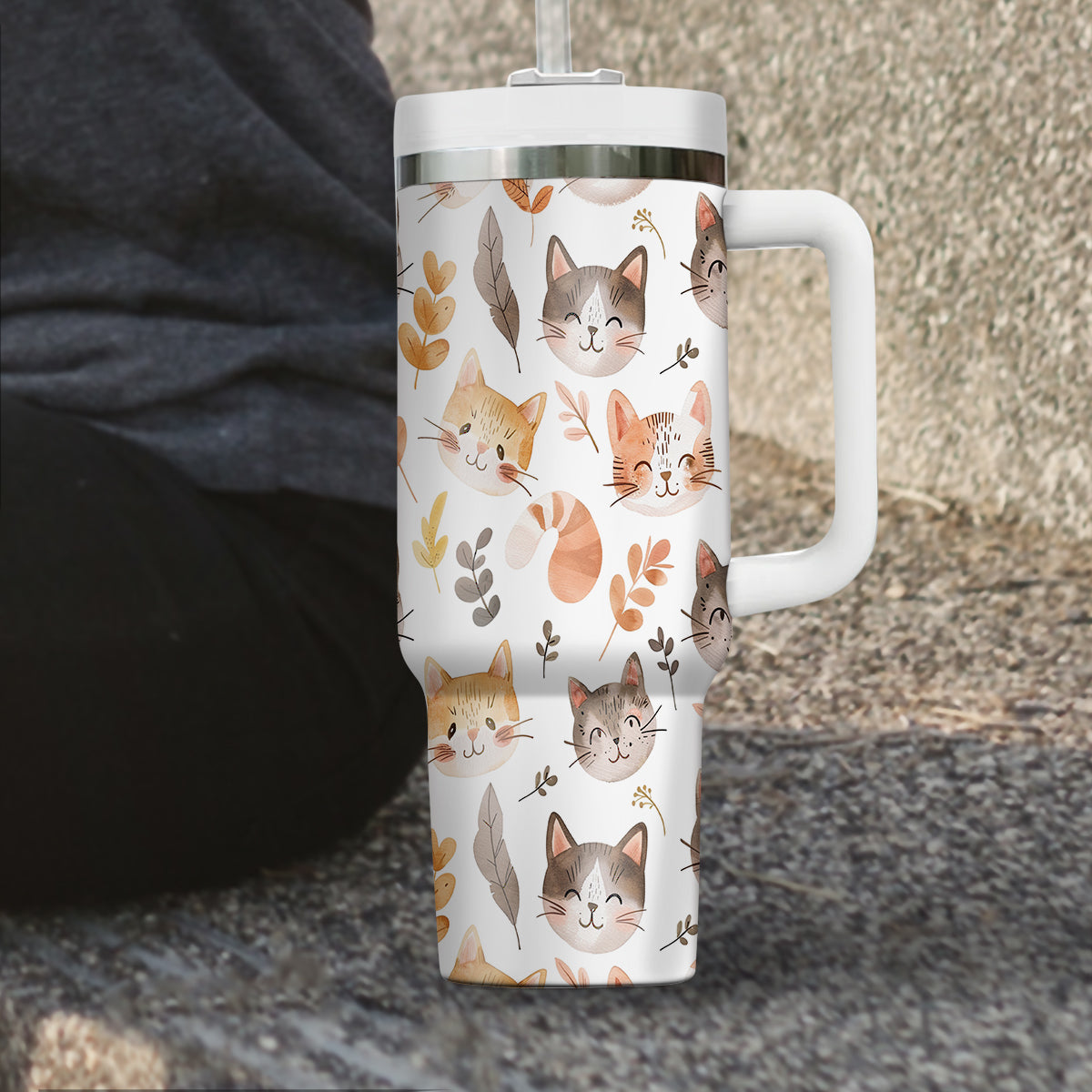 Cute Cat Tumbler 40oz With Handle, Cat Pattern 40oz Tumbler, Cat Lover Tumbler 40oz, Stainless Steel Tumbler, Insulated Tumbler 15