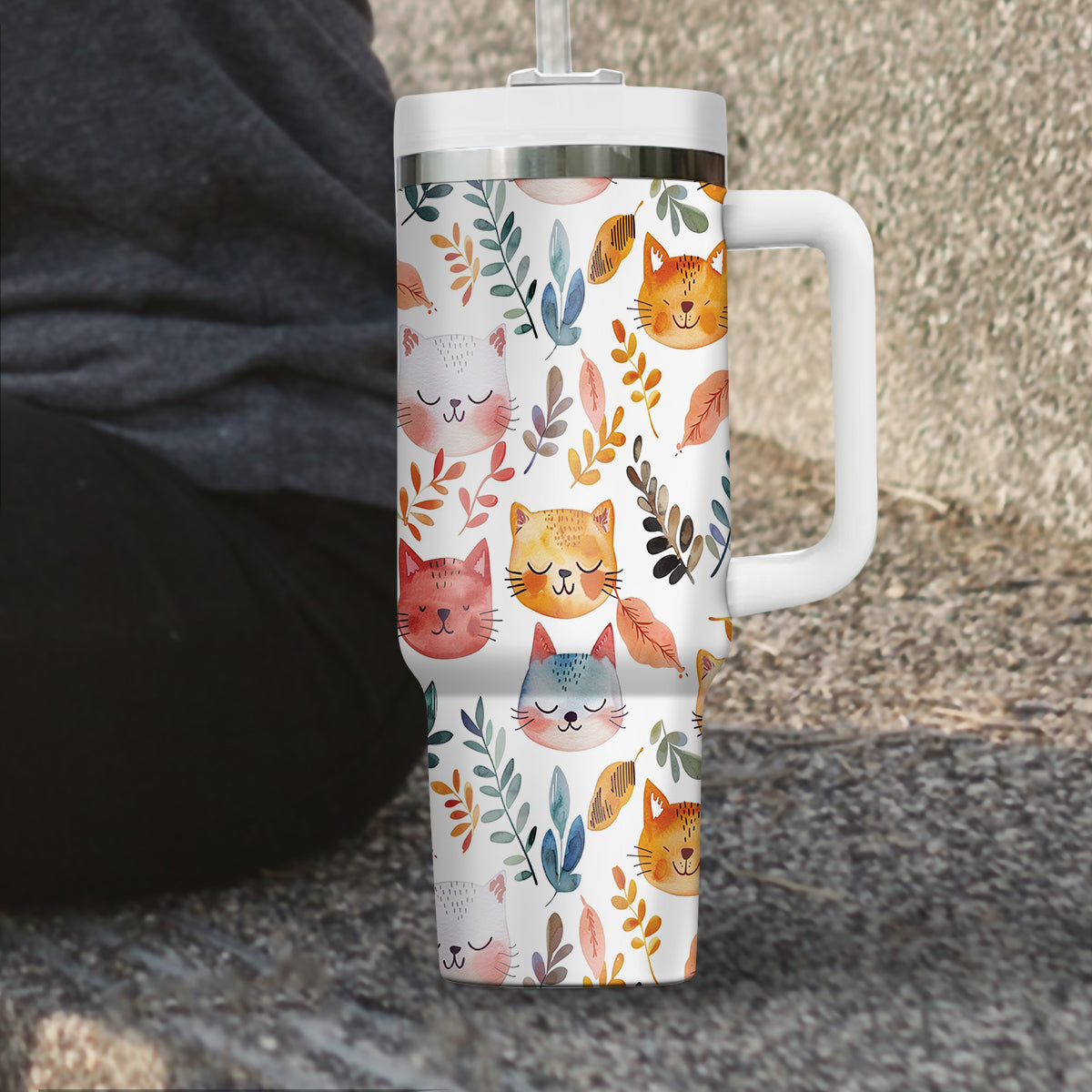 Cute Cat Tumbler 40oz With Handle, Cat Pattern 40oz Tumbler, Cat Lover Tumbler 40oz, Stainless Steel Tumbler, Insulated Tumbler 12