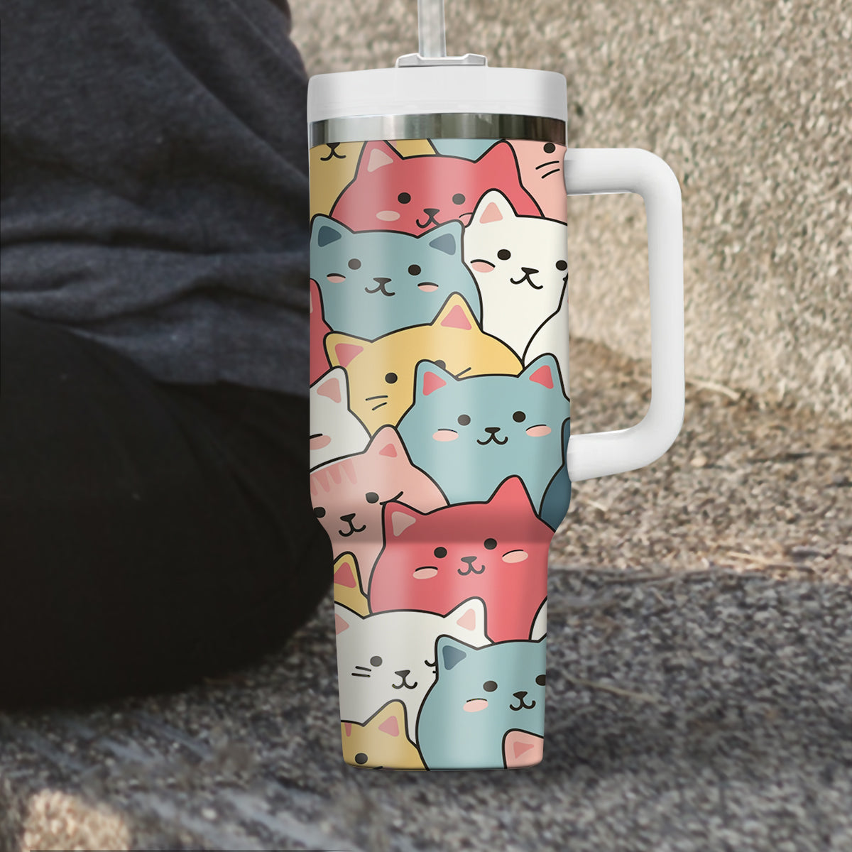 Cute Cat Tumbler 40oz With Handle, Cat Pattern 40oz Tumbler, Cat Lover Tumbler 40oz, Stainless Steel Tumbler, Insulated Tumbler 27